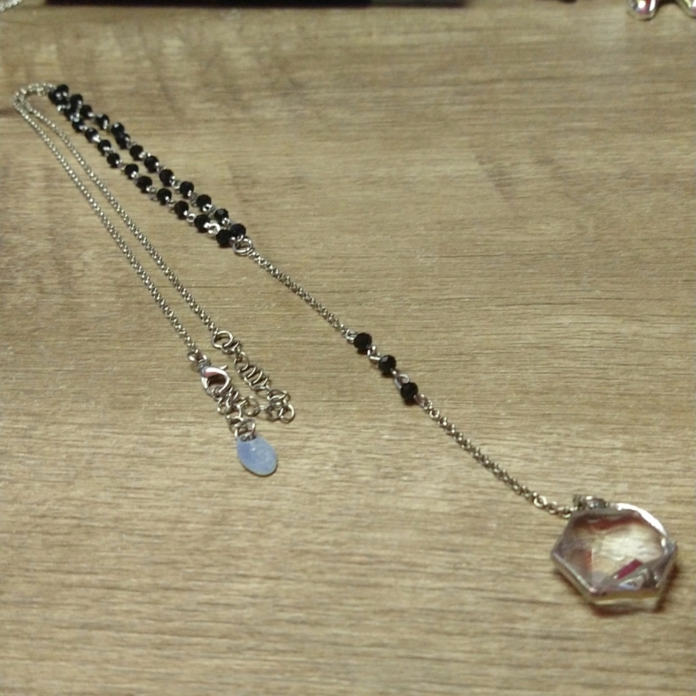 ETC Crystal HEXAGON /Half Moon Pendants with Black Beads and Silvertone Chain
